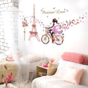 Romantische Paris Wandaufkleber für Kinderzimmer Eiffelturm Blume Schmetterling Fee Mädchen Reiten Kunst Aufkleber Home Decor Wandbild