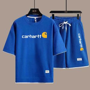 Men's and Women's Sportswear Summer New Fashion Brand Carhart Waffle Loose Round Neck 5/4 Shorts Two-piece Leisure Sports Suit Men's Short Sleeve T-shirt