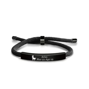 INS Style Stainless Steel Sign Zodiac Astrology Charm Bracelets Black Cord Bracelet for Women Gift