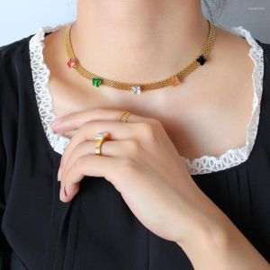 Catene Boho Collana in maglia di acciaio inossidabile Collana da donna con zirconi quadrati intarsiati Accessori Kpop Trendy Catena d'oro Gioielli Regalo da viaggio