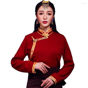 Etniska kläder tibetanska kläder kinesisk entisk stil tibet traditionella toppar bomullslinne gul vit röd för kvinnor blusar