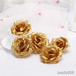 Sachet Bags 12pcs 8cm Gold Artificial Rose Silk Flower Heads Decorative Flowers for diy wedding Home Party Banquet Decoration R230605