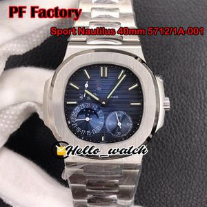 New PFF 40mm Sport 5712 1A-001 5712 Mechanical Hand Winding Mens Watch Moon Phase Power Reserve D-Blue Dial Steel Bracelet He290a