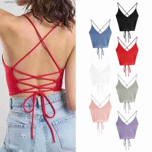 Women's Tanks Camis Sexy Backless Bustier Crop Top Women Aesthetic Y2K Clothes Sleeveless Backless Lace Up Bralette Camisole Summer Sports Vest Tees T230605