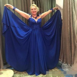 2023 Abiti vintage per la madre della sposa Royal Blue Maniche lunghe Gioiello Collo Chiffon Appliques di pizzo Lunghezza del pavimento di cristallo Plus Size Matrimoni personalizzati Abiti da sera per feste