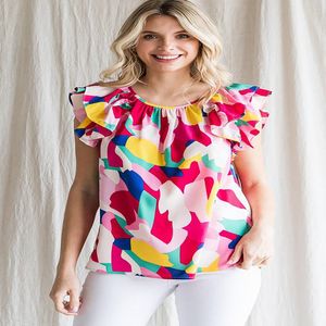 Summer Multicolor Abstract Pattern Shirt for Women - Short Sleeves Ruffle Blouse