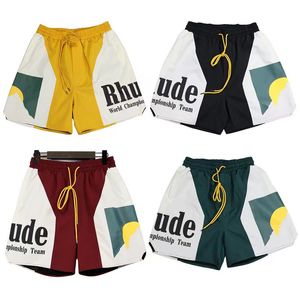 New Rhude Logo Short Sunset Men Women Casual Print RHUDE Elastic Waist Drawstring Shorts Splicing Color Sports Shorts