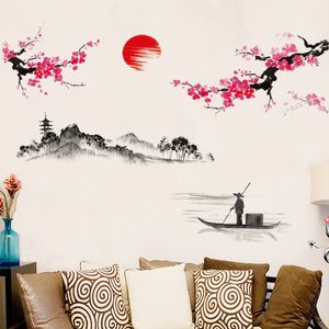 Plum Sunrise Landscape Adesivi murali in stile cinese Art Soggiorno Camera da letto Sfondo per la decorazione domestica Decalcomanie murali Carta da parati