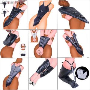 BDSM Bondage Leg/Arm Binder Behind Back Straight Jacket SM Leather Armbinder Restraint Slave Lockable Glove With Shoulder Straps L230518