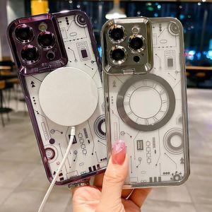 Magnet Lens Holder Circuit Board Texture Case For iPhone 11 13 12 14 Pro Max Electroplating Frame Transparent Lens Film Cover