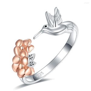 Anillos de racimo Plata de Ley 925 Hoja de colibrí Ajustable Eternidad Promesa Compromiso Anillo de dedo Animal lindo Regalo de la joyería para las mujeres