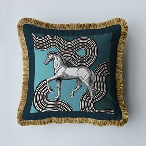 Luxury 45*45cm European Style Velvet Double sided Horse Print Tassel Sofa Cushion Cover Pillowcase Without Core Office Room Seat 2023070705