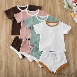 Conjuntos de roupas 2020 criança bebê meninos meninas verão recém-nascido crianças malha canelada manga curta camisetas e shorts agasalhos