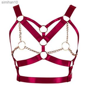 Wine Red Harness Bra Top Punk Gothic Chain Gold Sexy Lingerie Belts Strappy Chest Cage Women Body Bondage Plus Size Hollow Out L230518