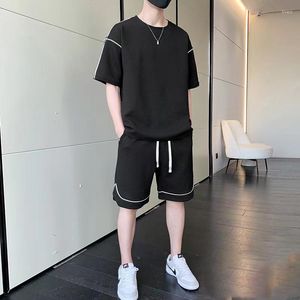 Men's Tracksuits Men Summer Short Sleeve T- Shirt Shorts Two Pieces Sets Casaul Japanese Style Trend Solid Jacquard Suit Mens Clothes