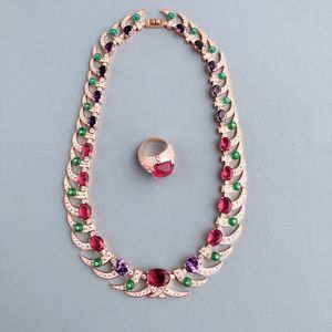 Designer Collection Style Luxurious Necklace Ring Women Lady Inlay Red Purple Cubic Zircon Diamond Imitation Ruby Plated Gold Green Beads Chain smyckesuppsättningar