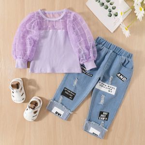 Kleidung Sets Mädchen Zwei Stück Set Langarm Patchwork Durchsichtig Plaid Tops Denim Elastische Schriftzug Zerrissene Jeans