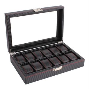 OUTAD 12 Slots Carbon Fiber Watch Box Jewelry Watch Display Storage Holder Rectangle Black Leather Case261A