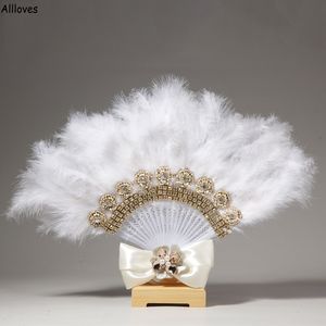 Luxury Feather Furs Hand Fans for Wedding Bridesmaids Pearls Crystal Fans Home Decorative African Girls Nigeria Girls Handmade Fans Bride Decoration A CL2370