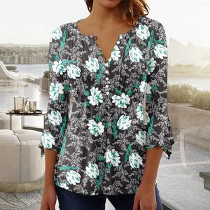 Kvinnor BLOUSES Kvinnor Summer Printing Trendy Sexy Button Cardigan 7 Sleeve Shirt V Neck Casual Fitted Tunic Clothes Tops Spandex