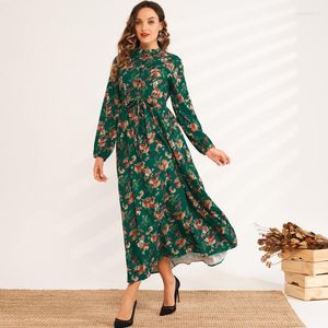 Vestidos Casuais Belo Vestido de Verão Feminino Moda Verde Elegante Estampado Floral Faixas Justo Gola alta Botões Maxi Manga Longa Robes