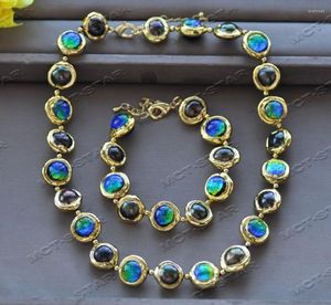 Pendant Necklaces Z12492 Set 15mm Gold-Plated Ancient Glass Round Black Pearl Necklace Bracelet