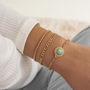 Link Bracelets Vintage Multilayer Metal Creative Bracelet 2023 Green Turquoise Pendant Gold Color Charm Girl Fashion Jewelry Gift