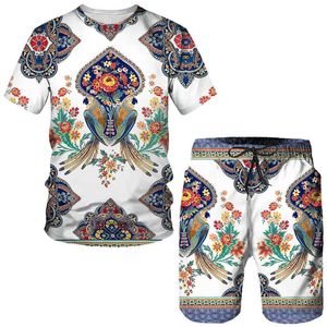 Herrspårar Summer Nytt blommuttryck T-shirt/shorts/Set Women's Casual Short Sleeve Two Piece Vintage Style Bohemian Sportswear Par Set P230605