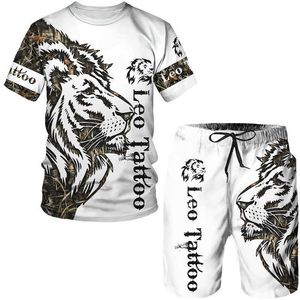 Herren-Trainingsanzüge, Sommer-Männer, Tier-Tattoo, weiß, kurzärmelig, Löwe, 3D-gedruckt, O-Ausschnitt, T-Shirt, lässige Sportbekleidung, P230605