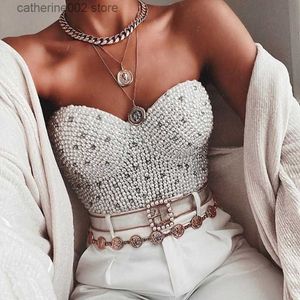 Kobiety dla kobiet Camis Women Corset with Rhinestones Pearl Bustier Top Bra Club Party Glitter Cropped Top Female Clothing T230605