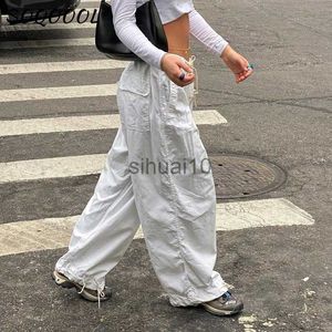 여성용 바지 Capris Hippie Y2K Cargo Pants 여성 저 허리 스웨트 스트링 포켓 헐렁한 넓은 다리 바지 한국 빈티지 흰색 낙하산 바지 J230605