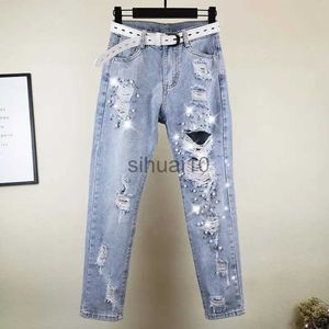 Women's Pants Capris High Waisted Beading Holes Pencil Jeans Pants Ladies Casual Washed Scratched Long Denim Pant Women Trousers Plus Size Streetwear J230605