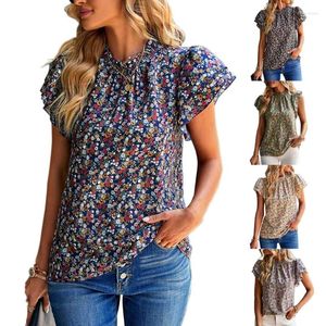 Kadın bluzları Kadınlar Kısa Kollu Çiçek Baskı Frill Mock Boyun Tunik Gömlekleri Üst Damla