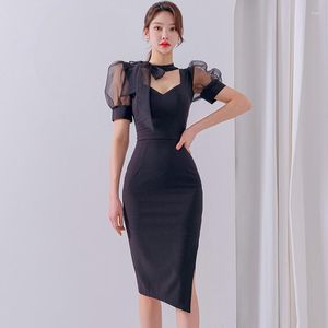 Casual Dresses Formal Dress Black Mesh Lace-up Puff Sleeve Split Pencil 2023 Elegant Summer Slim Bodycon Office Lady