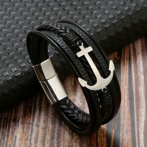 Cool rostfritt stål ankare charm armband flerskiktat läder armband handgjorda armband smycken för gåva