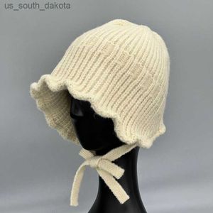 Chapéus de balde de malha quente inverno e outono moda coreana boné panamá de lã com cadarço japonês versátil com babados L230523