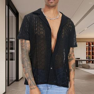 Men's Casual Shirts 2023 Men Summer Shirt Mesh See Through Lapel Sexy Short Sleeve Hollow Button Camisas Streetwear Party Nightclub Clothing