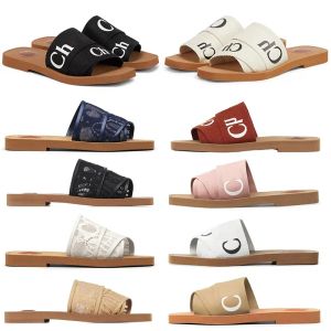 2023 Designer Woody Sandals Women Beach Sandal Mules Flat Slides Light Tan Beige Black Pink Lace Lettering Tyg Canvas Slippers Womens Summer Outdoor Shoes 35-42