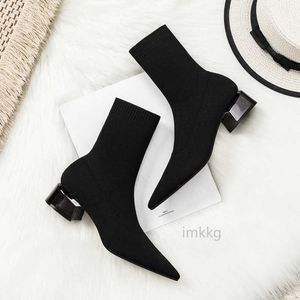 Stövlar 2020 Fashion Women Winter Elastic Sock Ankle Boots Chunky High Heel Stretch Woman Black Sexy Sticked Boots Pointed Botas Mujer Z0605