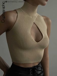 Kvinntankar Camis Cryptographic Elegant Sexy Cut Out Top For Women Fashion Sleeveless Sticked Short Tank Top Turtleneck Club Party Summer Clothes T230605