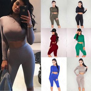 Women's Two Piece Pants 2023 Fashion Two-piece Women Crop Top Blouse Playsuit Jumpsuit Romper Set Sexy Solid Bodycon Long Sleeve Party