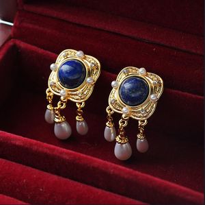 Retro pearl earrings women luxurious medieval palace style earrings lapis lazuli tassels earrings E380