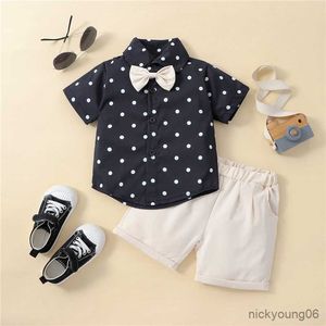 Kleding Sets Kinderen Jongens Gentleman Outfits Zomer Dot Print Korte mouw Button Up Shirt met vlinderdas en Casual Shorts Kinderen Set