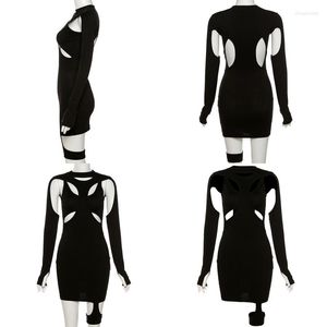 Sukienki swobodne kobiety długie rękaw pusta Asymetryczna bez pleców Bildbed Black Mini BodyCon sukienka