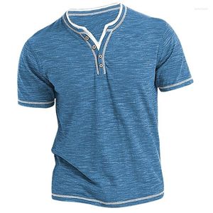 Camisetas masculinas casuais com botões, decote em V, tamanho grande, soltas, manga curta, camiseta de verão, lazer, retalhos listrados, pulôveres de cores puras