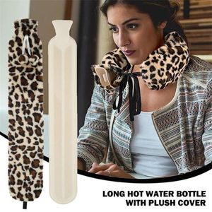 Animais 2L Extra Long Water Hot Bottle Faux Fur Removable Tampa de leopardo Bandagem de mão macia Mão quente Saco de água quente com capa de pano Presentes