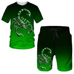 T-dróg T-shirt Green Scorpion 3D Suibnit Drukujący Suit/Pants Poison Street Graphic Top Men's/Women's Hip Hop Summer Men's Wear P230605