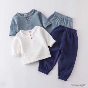 Kläder sätter spädbarn baby pojke tjej kläder set för fest långärmad skjortor lös byxa småbarn barn vår sommarmuslin