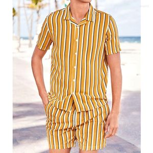 Fatos de treino masculinos verão masculino conjuntos havaianos estampados manga curta camisa listrada shorts de botão de praia maiô viagem feriado diário masculino dois