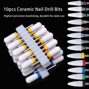 Nail Art Equipment 10pcs Ceramic Drill Bits Set Milling Cutter for Electric Manicure Bit Flame Corn Files Pedicure Machine Polish Accesoires 230606